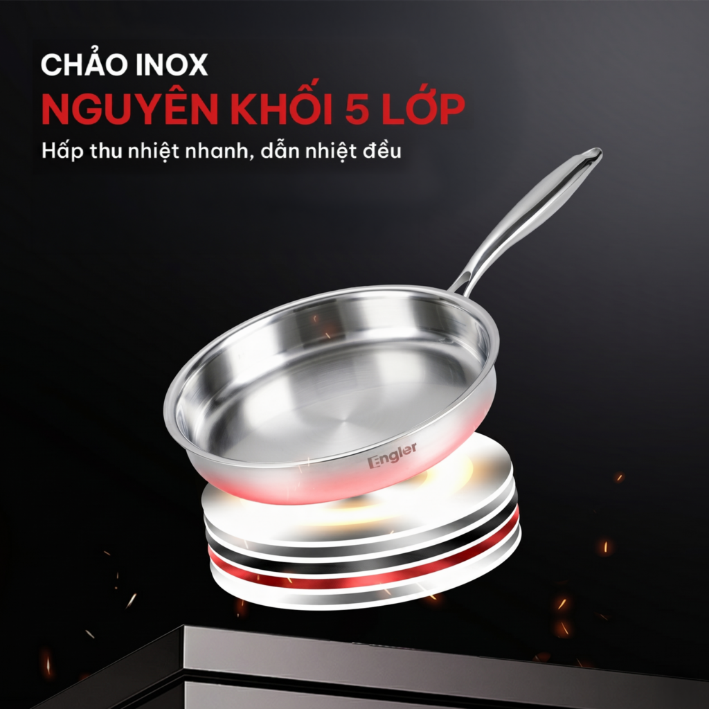 Cấu tạo inox 5 lớp nguyên khối – Truyền nhiệt đều 360°